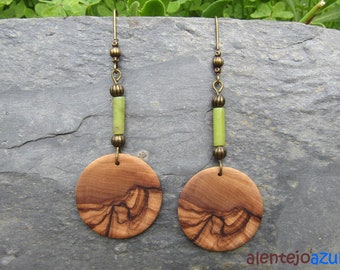 Boucles d'oreilles bois d'olive boucles d'oreilles en bois de jade bois vert 3 cm bijoux en bois olive alentejoazul earhanger rond lumière boho boucles d'oreilles cerceau de bijoux naturels végétaliens