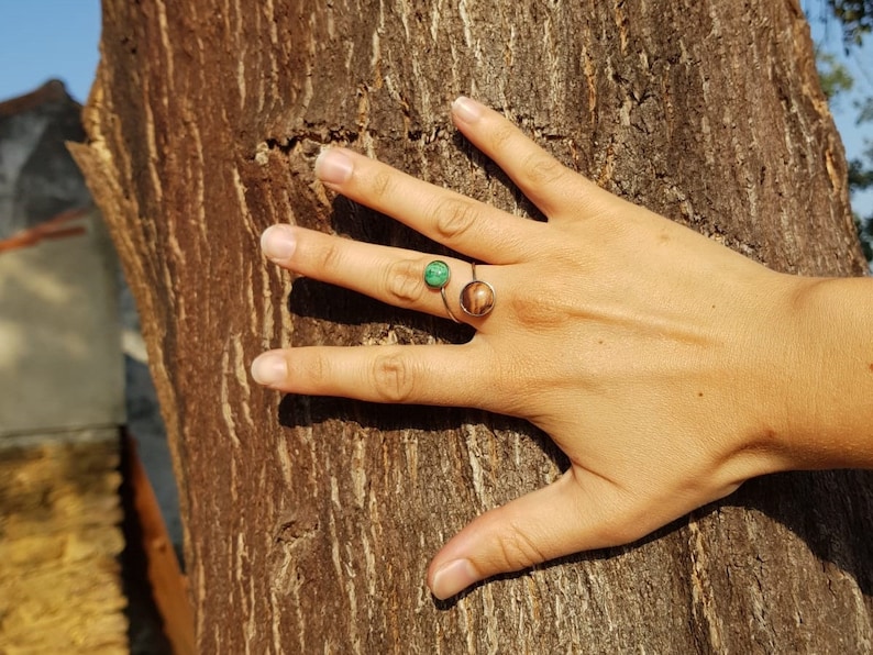 double ring olive wood turquoise howlite stainless steel adjustable cabochon wooden jewelry Hypoallergenic alentejoazul olive tree vegan image 10