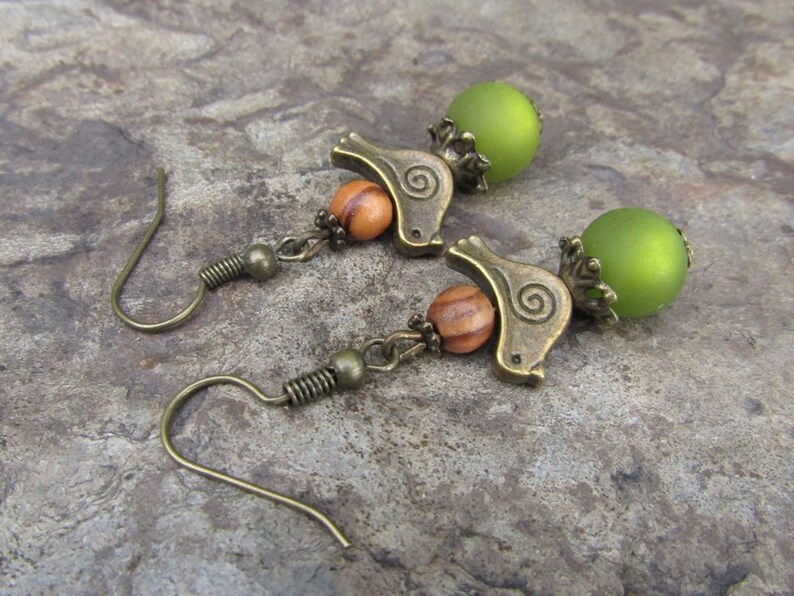 Boucles d'oreilles bois d'olivier oiseau bronze bijoux bois alentejoazul vert olive portugal image 3