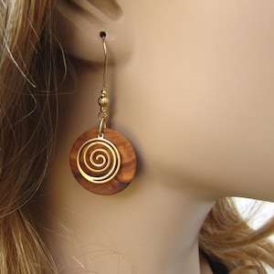 Earrings olive wood spiral swirl gold plated coil g infinity ethno yoga créoles round wooden golden boho alentejoazul natural jewelry vegan image 2