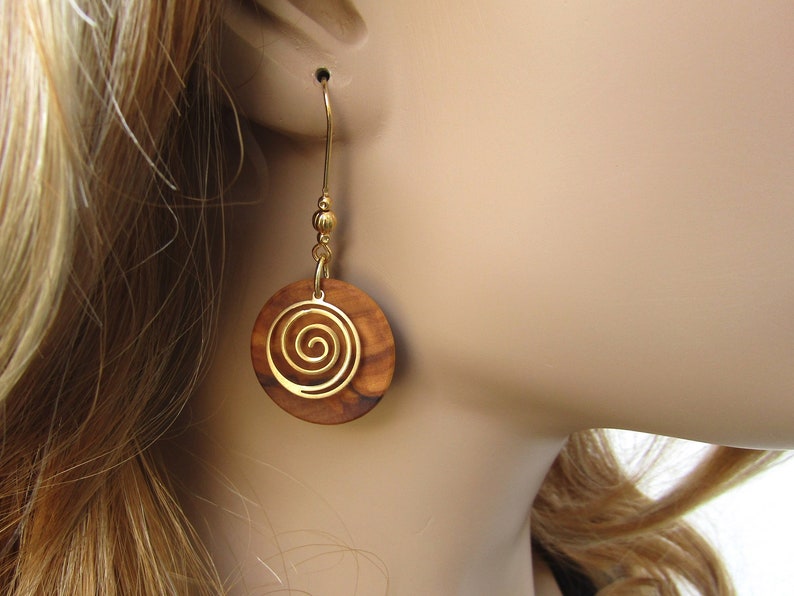 Earrings olive wood spiral swirl gold plated coil g infinity ethno yoga créoles round wooden golden boho alentejoazul natural jewelry vegan image 2