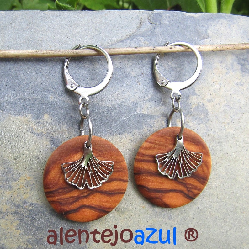 Earrings olive wood Ginkgo leaf leaves Hoops 0.78 2 cm créoles circle wooden earhangers alentejoazul natural jewelry portugal boho hippy image 1