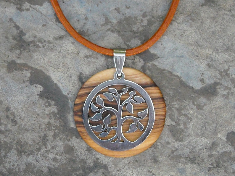 Necklace olive wood Tree of Life pendant leather stainless steel natural wooden jewelry handmade alentejoazul olive tree portugal hippy boho