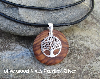 Necklace olive wood Tree of Life 925 Sterling silver black leather cord olive wooden jewelry alentejoazul portugal talisman handmade natural