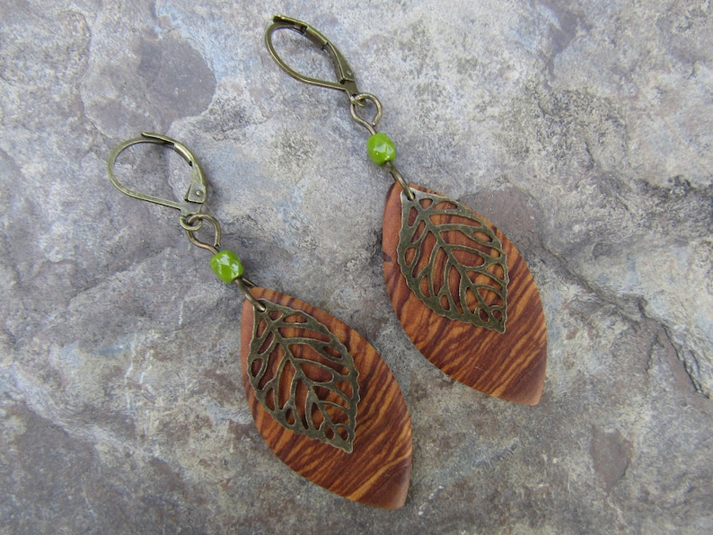 Earrings olive wood leaf leaves hoop green glass wooden earhangers alentejoazul bronze natural wooden jewelry vegan boho hippy image 10