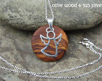 Necklace olive wood guardian angel 925 sterling silver pendant brown talisman chain wooden jewelry portuguese alentejoazul gift baptism