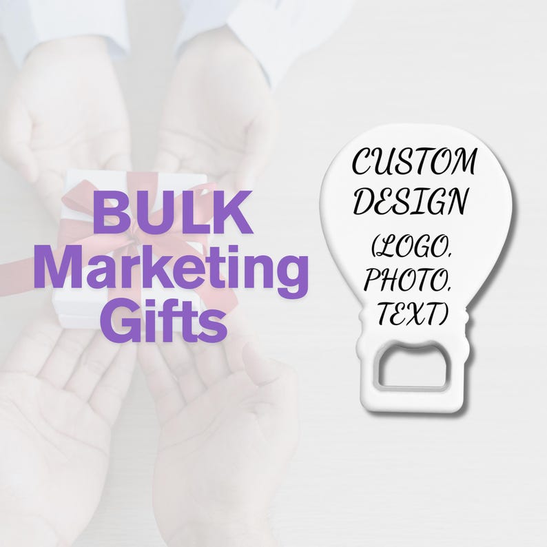 May include: White bottle opener with a custom design area for a logo, photo, or text. The image also shows a gift box with a red ribbon and the text "BULK Marketing Gifts" in purple.