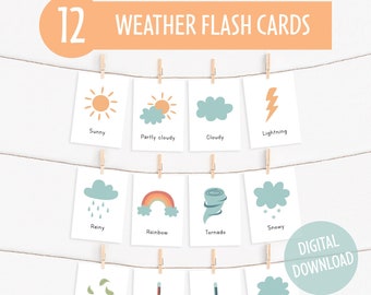 Montessori Weather Flash Cards | Set of 12 Printable Weather Flash Cards | Educational Printables for Kids | Instant Download