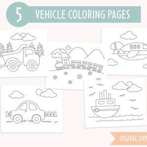 Printables for Children Set of 5 Vehicle Coloring Pages Toddler Printables Instant Download image 1