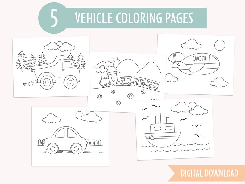 Printables for Children Set of 5 Vehicle Coloring Pages Toddler Printables Instant Download image 1