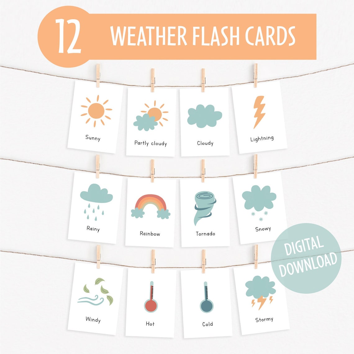 Montessori Weather Flash Cards | Set of 12 Printable Weather Flash ...