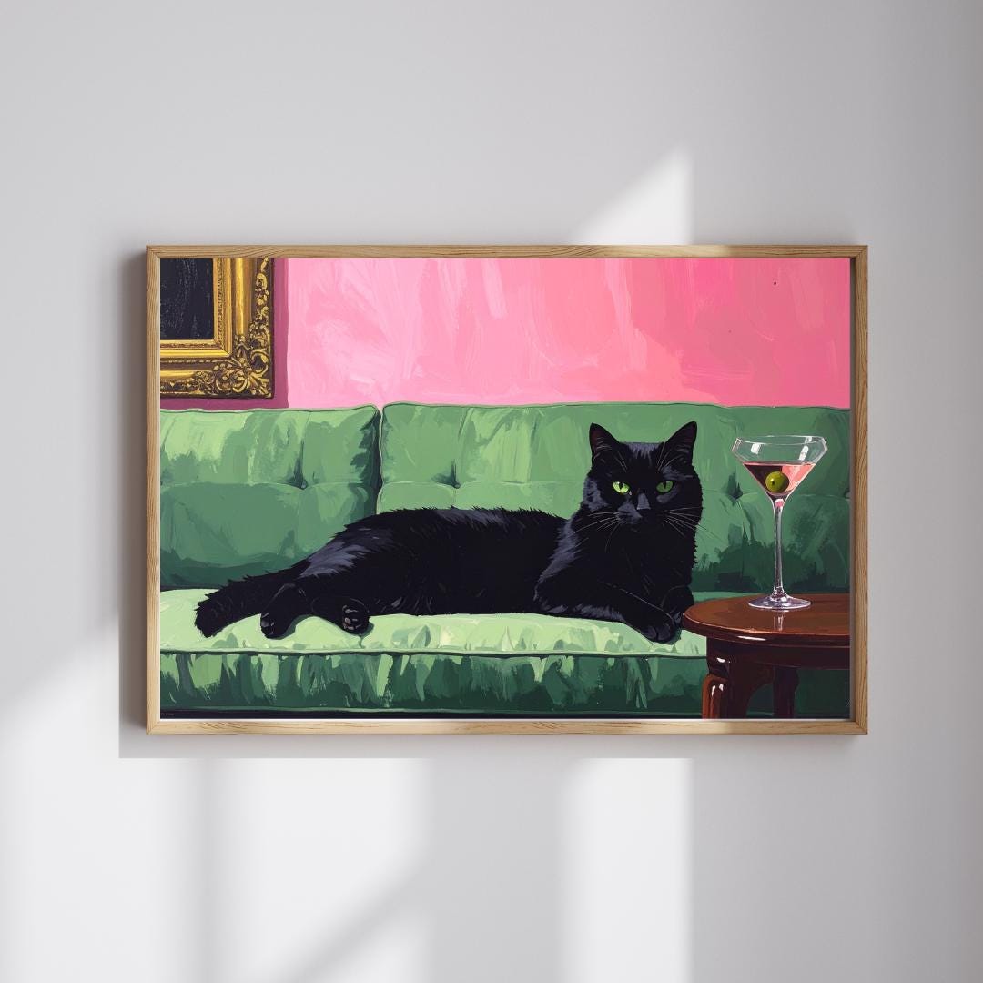 Black Cat Martini Art Print | Retro Whimsical Cat Poster | Vintage Bar ...