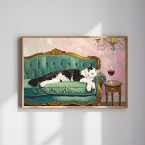 タキシード猫のワインアートプリント | 気まぐれなヴィンテージソファ猫ポスター | レトログラムな壁飾り | フレームなしの面白い動物アート | ラウンジ猫プリント