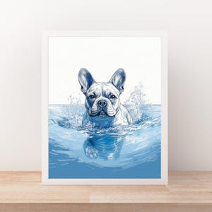 Impresión artística de Frenchi nadando - Retrato de perro personalizado - Arte mural de perro costero - Ilustración de mascota oceánica - Decoración de casa de playa - Regalo para amantes de los perros