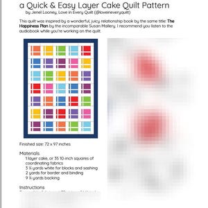 May include: A quilt pattern for a "Happiness Plan" quilt, featuring a colorful layer cake design. The pattern includes instructions for a quilt measuring 72 by 97 inches.
