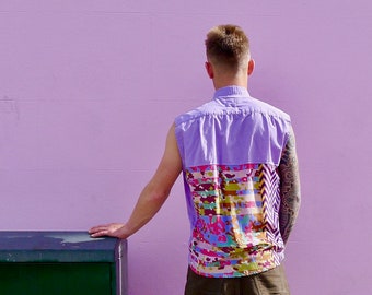 Upcycled Mens Sleeveless Collarless Shirt in Lilac Cotton & Silk Rainbow Print                    Made in England UK