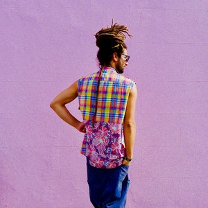 Upcycled Mens Sleeveless Collarless Shirt in Pink Blue Yellow Plaid Cotton & Silk Floral Print          Made in England UK