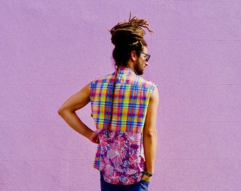 Upcycled Mens Sleeveless Collarless Shirt in Pink Blue Yellow Plaid Cotton & Silk Floral Print          Made in England UK