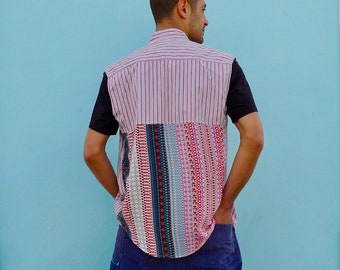 Upcycled Mens Sleeveless Collarless Shirt in Red Grey Striped Cotton & Silk Dot Stripe Print                  Made in England UK