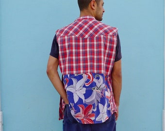 Upcycled Mens Sleeveless Collarless Shirt in Red Blue White Plaid Cotton & Silk Floral Print                Made in England UK