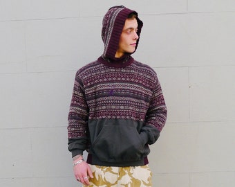 Upcycled Mens Grey Hoody Sweatshirt Brown Wool Patterned Patchwork Sweater Jumper                        Made in England UK