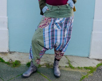 Upcycled Harem Pants - Khaki & Blue Trousers - Plaid Aladdin Pants - Khaki Jeans - Baggy Pants - Check Shirt Trousers     Made in England UK