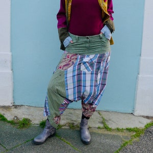 Upcycled Harem Pants - Khaki & Blue Trousers - Plaid Aladdin Pants - Khaki Jeans - Baggy Pants - Check Shirt Trousers     Made in England UK