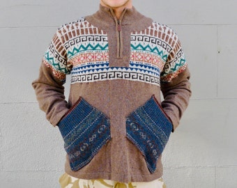 Upcycled Brown Cashmere Sweater -  Patterned Patchwork Jumper - Unisex Sweater - Unisex Cashmere Hoody        Made in England UK