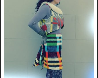 Upcycled Blanket Wrap Skirt Red Blue Green Yellow Black 60's Pattern             ReMade in England UK