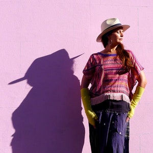 Silk Kimono Fringed Top Purple & Pink Digital Ikat Print T-Shirt Zero Waste Chiffon Blouse Made in England UK image 2