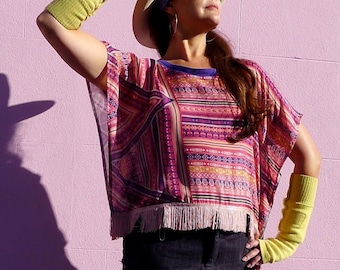 Silk Kimono Fringed Top Purple & Pink Digital Ikat Print T-Shirt Zero Waste Chiffon Blouse                Made in England UK