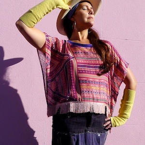 Silk Kimono Fringed Top Purple & Pink Digital Ikat Print T-Shirt Zero Waste Chiffon Blouse Made in England UK image 1