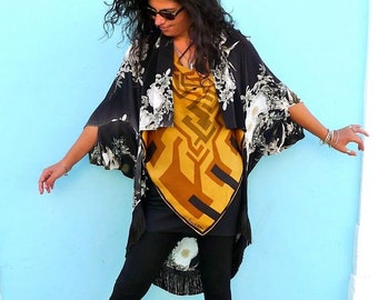 Silk Kimono Fringed Shrug Wrap Zerowaste Jacket Black & White Floral Print               Made in England UK