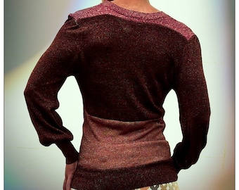 Repurposed Sparkle Knit sweater Upcycled Burgundy Bronze Lurex Slim fit jumper           Made in England UK