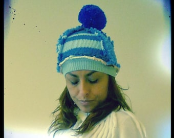 Upcycled Bobble Hat Blue Wool Beanie Hat                            ReMade in England UK