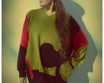 Upcycled Cashmere Merino Sweater Jigsaw Jumper in Lime Green Red Black                      ReMade in England UK