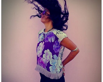 Silk Kimono Fringed Top Pink & Purple Digital Floral Print T-Shirt Zero Waste Chiffon Blouse