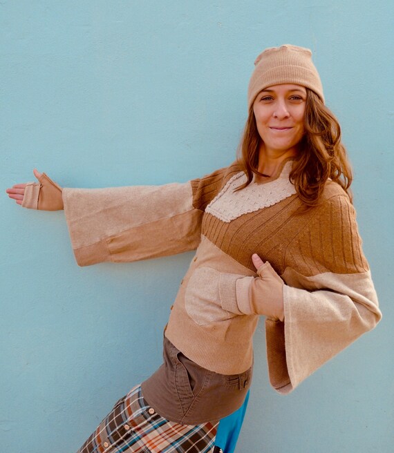 Upcycled Cashmere Angora Sweater Beige Cream Merino Wide Sleeve