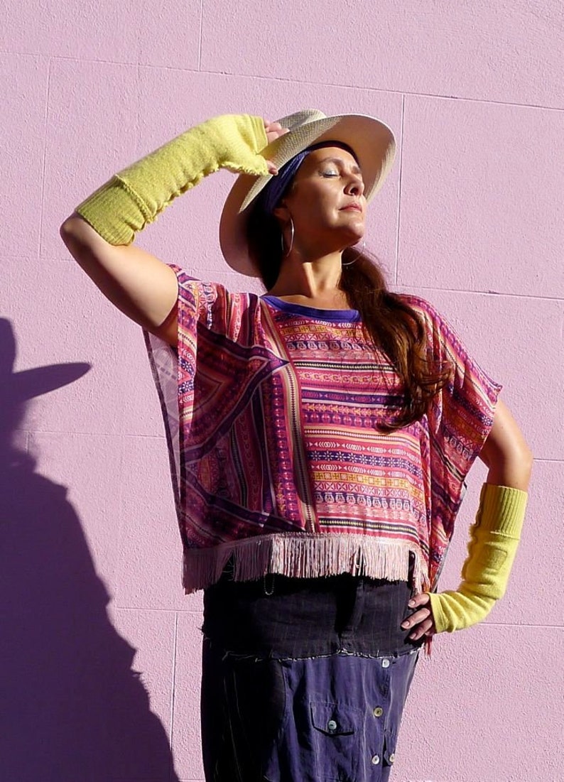 Silk Kimono Fringed Top Purple & Pink Digital Ikat Print T-Shirt Zero Waste Chiffon Blouse Made in England UK image 1