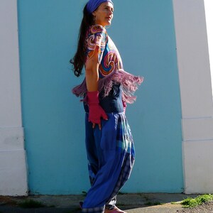 Upcycled Vintage Scarf Crop Top Kimono Style Fringed Lilac Pink & Turquoise Abstract Print image 6