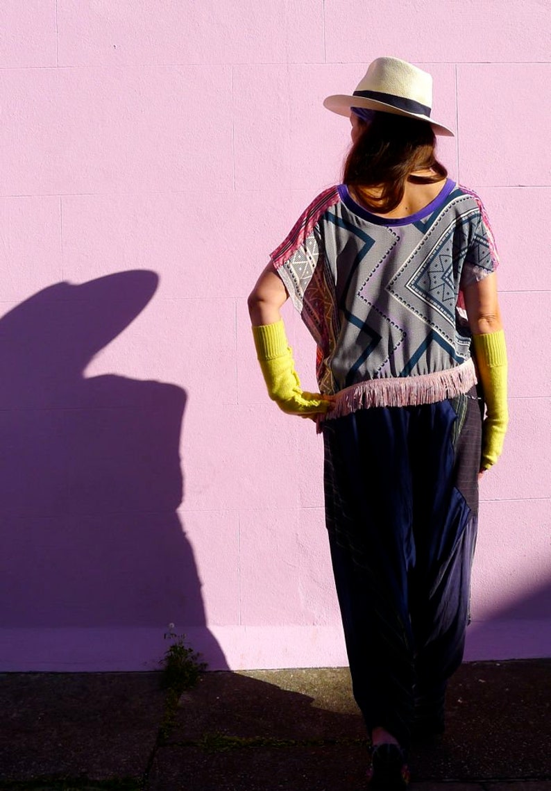 Silk Kimono Fringed Top Purple & Pink Digital Ikat Print T-Shirt Zero Waste Chiffon Blouse Made in England UK image 10