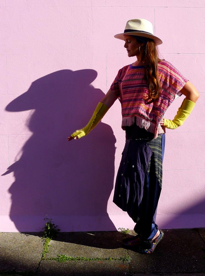 Silk Kimono Fringed Top Purple & Pink Digital Ikat Print T-Shirt Zero Waste Chiffon Blouse Made in England UK image 9