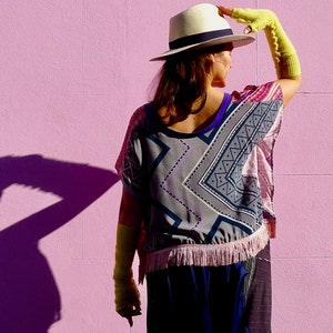 Silk Kimono Fringed Top Purple & Pink Digital Ikat Print T-Shirt Zero Waste Chiffon Blouse Made in England UK image 5
