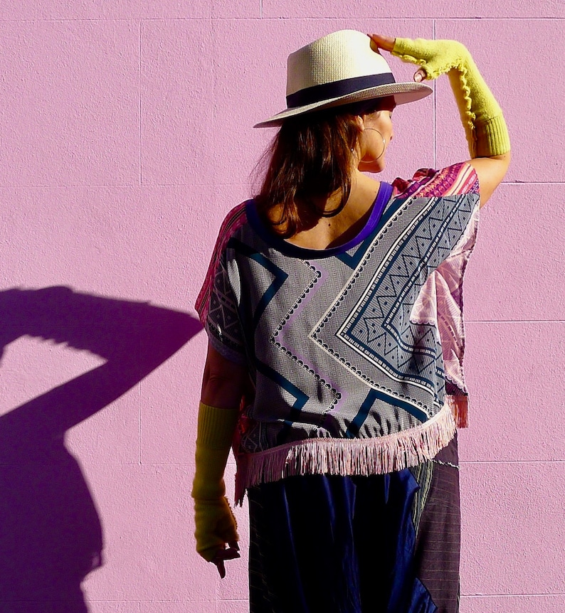 Silk Kimono Fringed Top Purple & Pink Digital Ikat Print T-Shirt Zero Waste Chiffon Blouse Made in England UK image 5