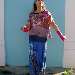 Upcycled Vintage Scarf Crop Top Kimono Style Fringed Lilac Pink & Turquoise Abstract Print image 5