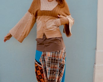 Upcycled Turquoise Trousers - Harem Pants -  Aladdin Pants - Khaki Jeans - Orange Sarong Pants - Check Shirt Trousers     Made in England UK