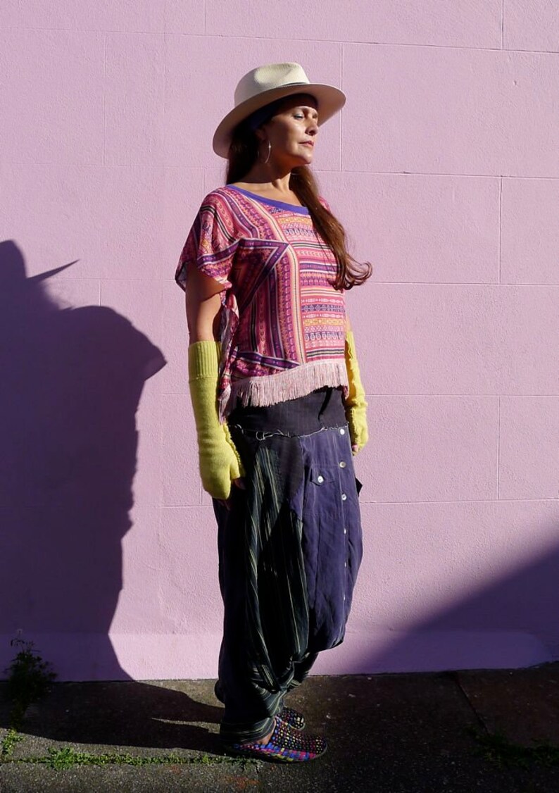 Silk Kimono Fringed Top Purple & Pink Digital Ikat Print T-Shirt Zero Waste Chiffon Blouse Made in England UK image 8