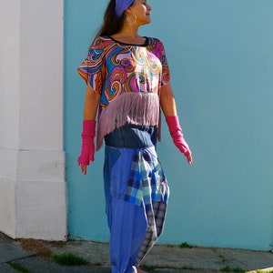 Upcycled Vintage Scarf Crop Top Kimono Style Fringed Lilac Pink & Turquoise Abstract Print image 2