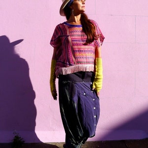 Silk Kimono Fringed Top Purple & Pink Digital Ikat Print T-Shirt Zero Waste Chiffon Blouse Made in England UK image 7