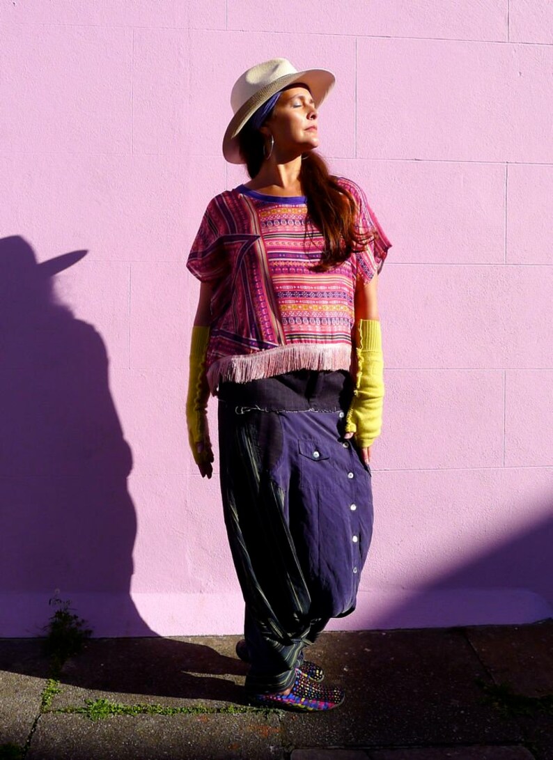 Silk Kimono Fringed Top Purple & Pink Digital Ikat Print T-Shirt Zero Waste Chiffon Blouse Made in England UK image 7